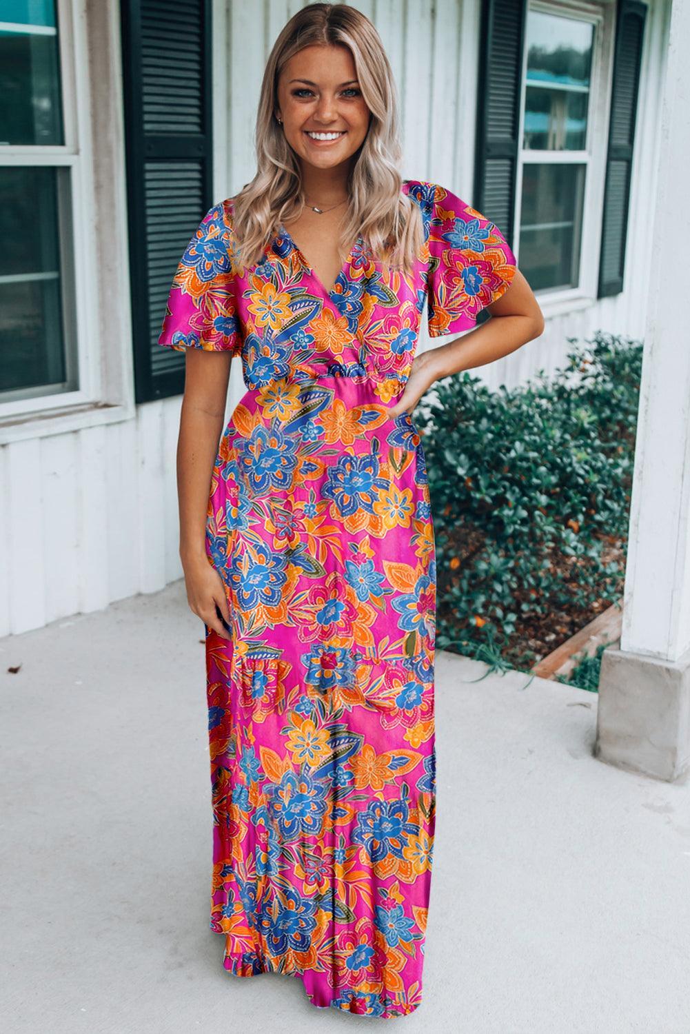 Robe Maxi Décolleté en V Imprimé Floral pour Femmes
