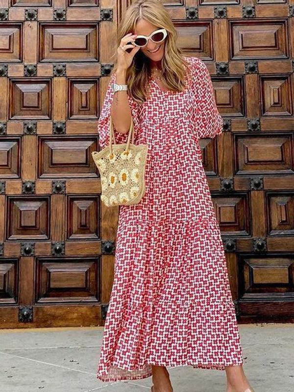 Robe Maxi Décolleté en V Motif Géométrique pour Femmes