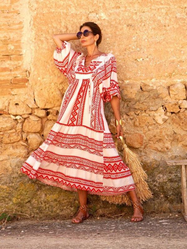 Robe Maxi Décolleté en V Motif Géométrique pour Femmes