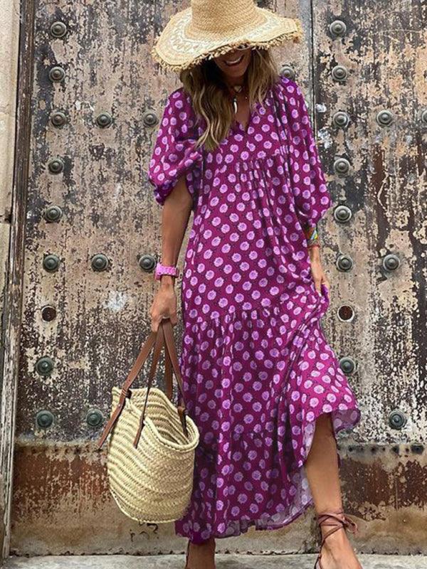 Robe Maxi Décolleté en V Motif Géométrique pour Femmes