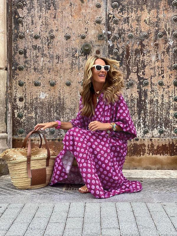 Robe Maxi Décolleté en V Motif Géométrique pour Femmes