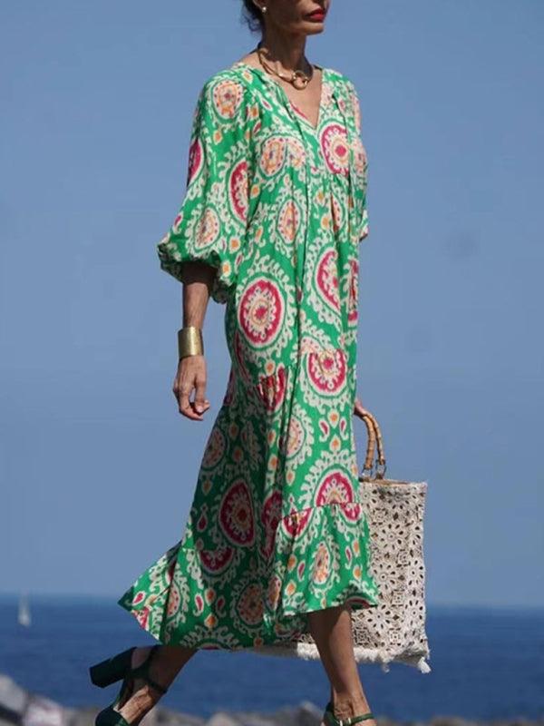 Robe Maxi Décolleté en V Motif Géométrique pour Femmes