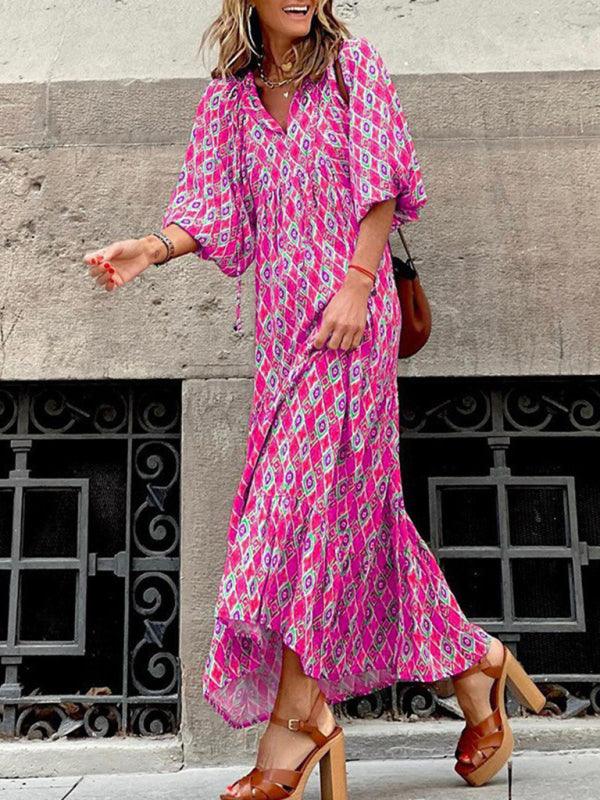 Robe Maxi Décolleté en V Motif Géométrique pour Femmes