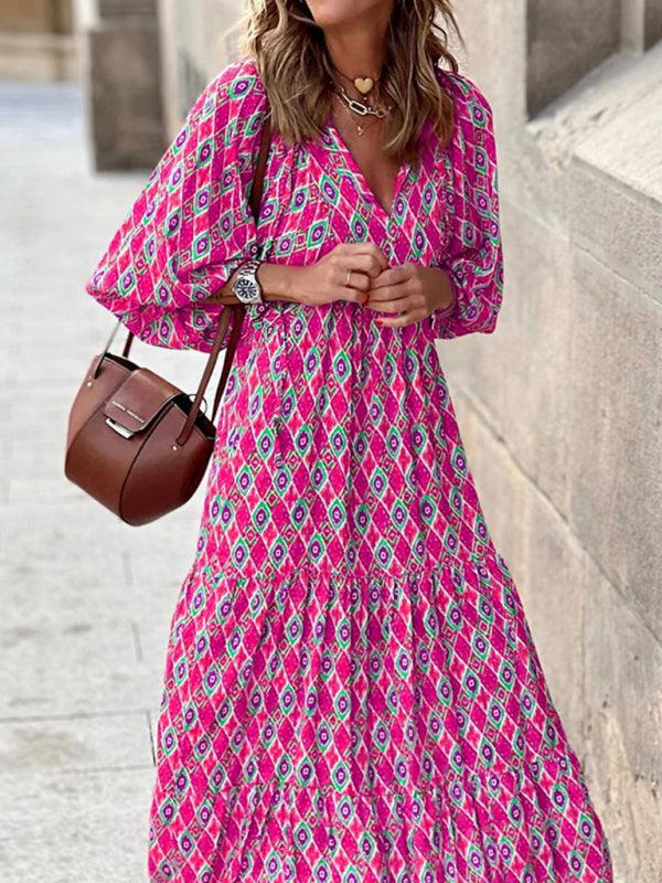 Robe Maxi Décolleté en V Motif Géométrique pour Femmes