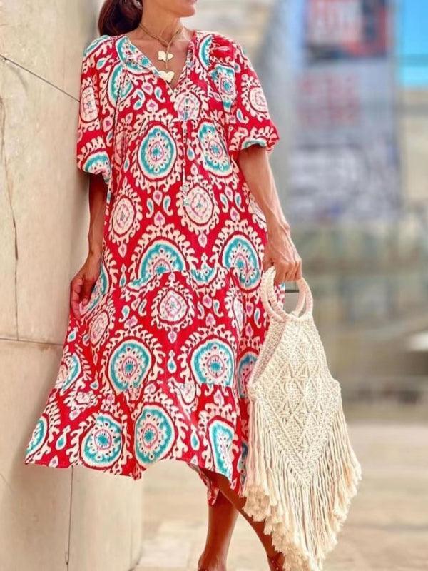 Robe Maxi Décolleté en V Motif Géométrique pour Femmes