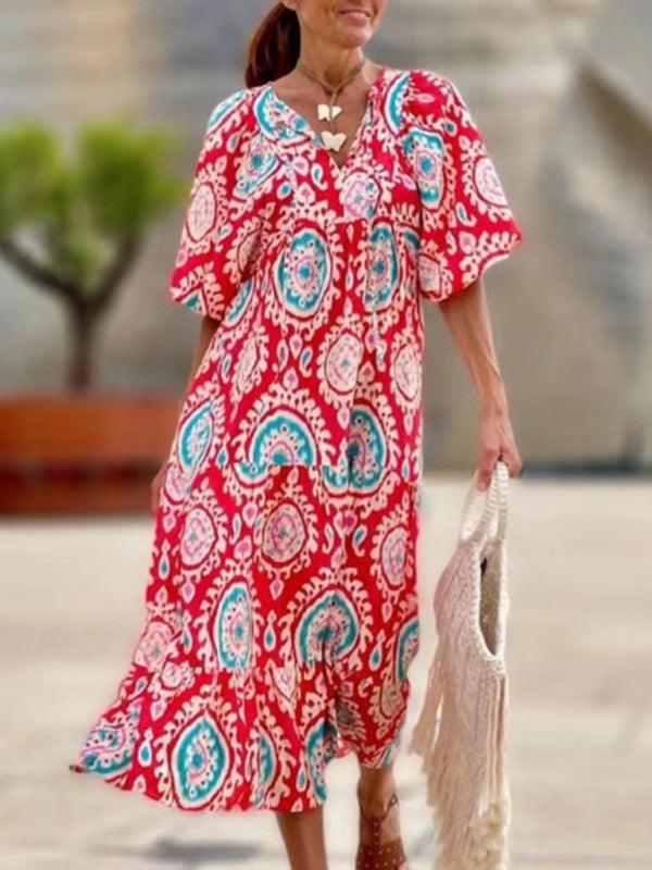 Robe Maxi Décolleté en V Motif Géométrique pour Femmes