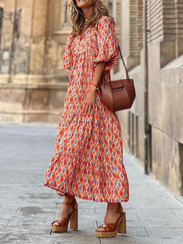 Robe Maxi Décolleté en V Motif Géométrique pour Femmes