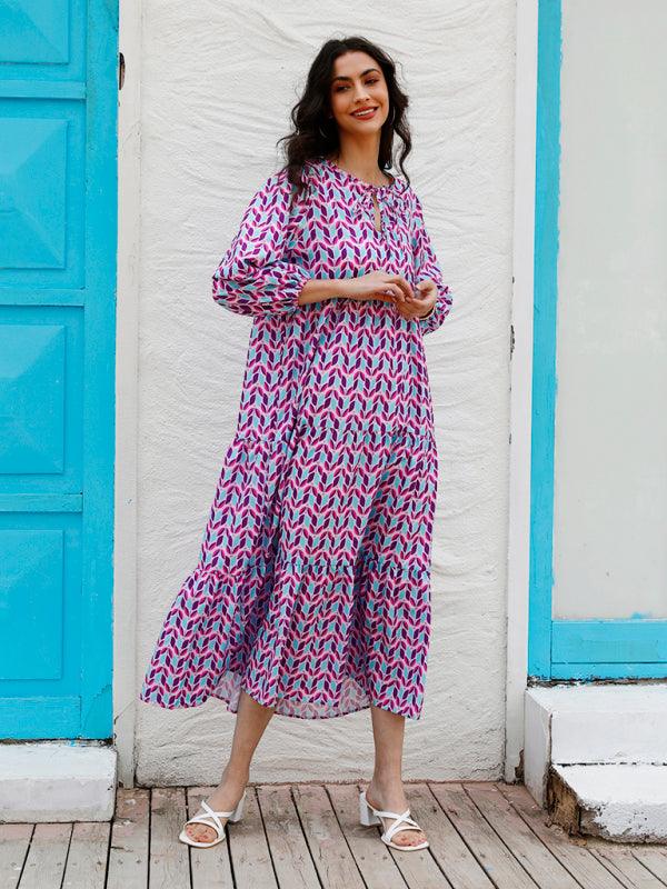 Robe Maxi Décolleté en V Motif Géométrique pour Femmes