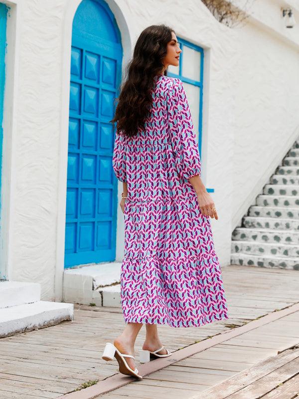 Robe Maxi Décolleté en V Motif Géométrique pour Femmes