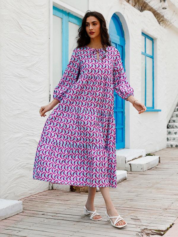 Robe Maxi Décolleté en V Motif Géométrique pour Femmes