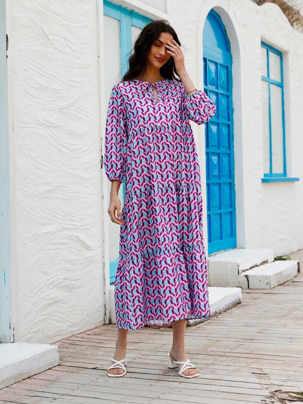 Robe Maxi Décolleté en V Motif Géométrique pour Femmes