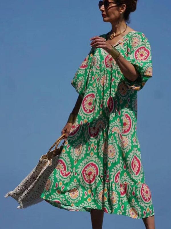 Robe Maxi Décolleté en V Motif Géométrique pour Femmes