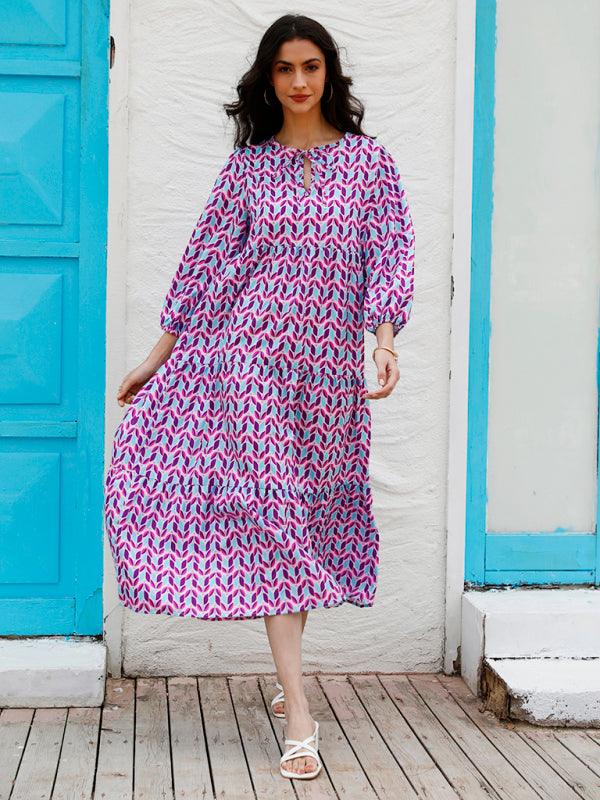 Robe Maxi Décolleté en V Motif Géométrique pour Femmes