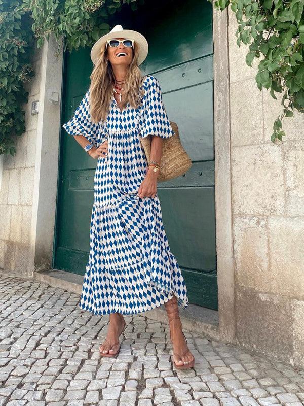 Robe Maxi Décolleté en V Motif Géométrique pour Femmes