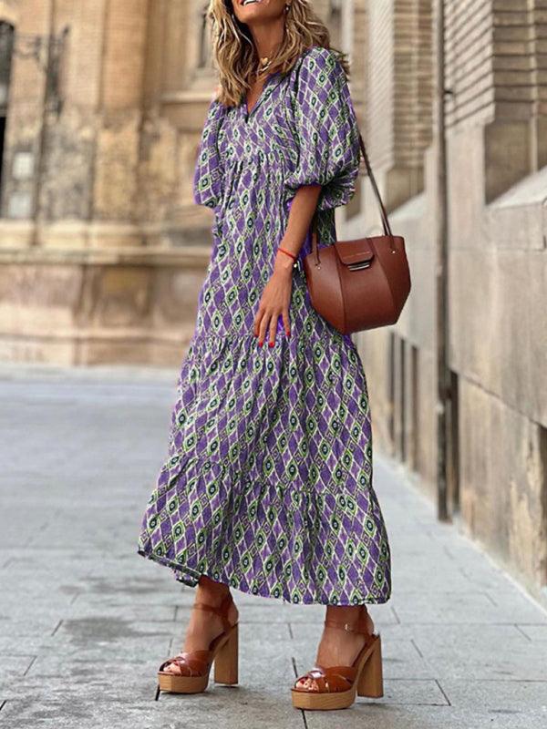 Robe Maxi Décolleté en V Motif Géométrique pour Femmes