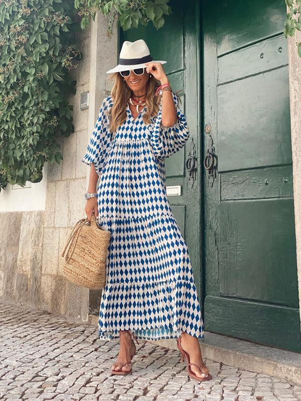 Robe Maxi Décolleté en V Motif Géométrique pour Femmes