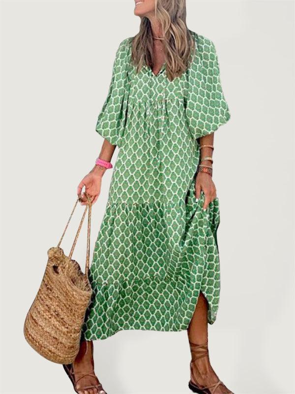 Robe Maxi Décolleté en V Motif Géométrique pour Femmes