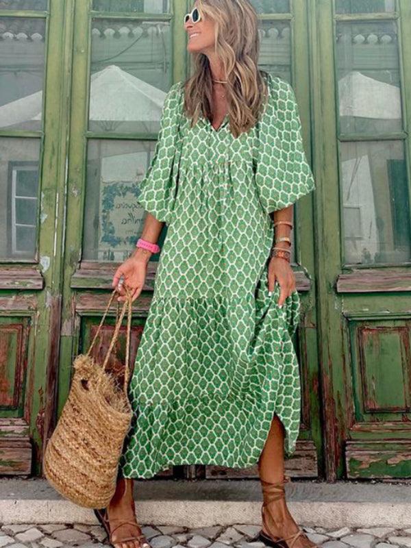 Robe Maxi Décolleté en V Motif Géométrique pour Femmes