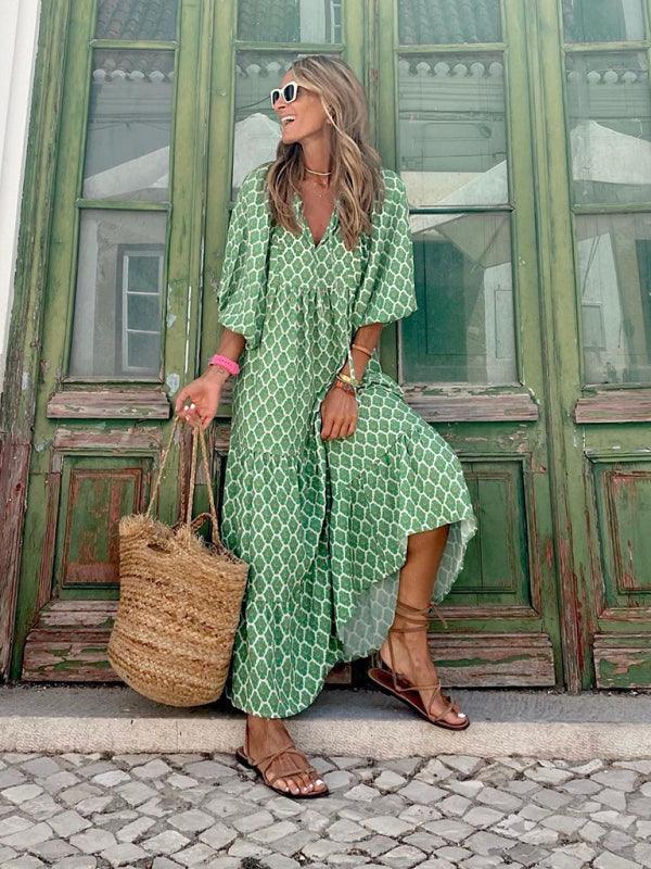 Robe Maxi Décolleté en V Motif Géométrique pour Femmes