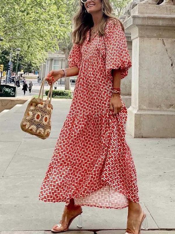 Robe Maxi Décolleté en V Motif Géométrique pour Femmes