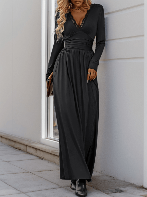 Maxi Robe Décolleté en V avec Détails en Dentelle pour Femmes