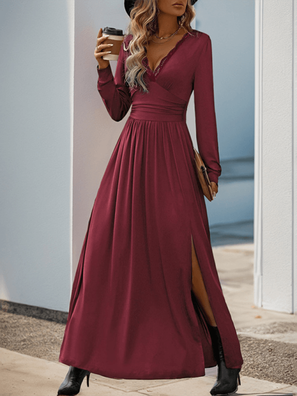 Maxi Robe Décolleté en V avec Détails en Dentelle pour Femmes
