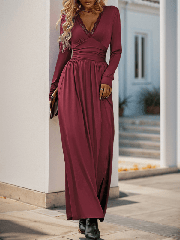 Maxi Robe Décolleté en V avec Détails en Dentelle pour Femmes