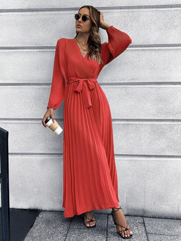 Robe Maxi Décolleté en V et Jupe Plissée pour Femmes