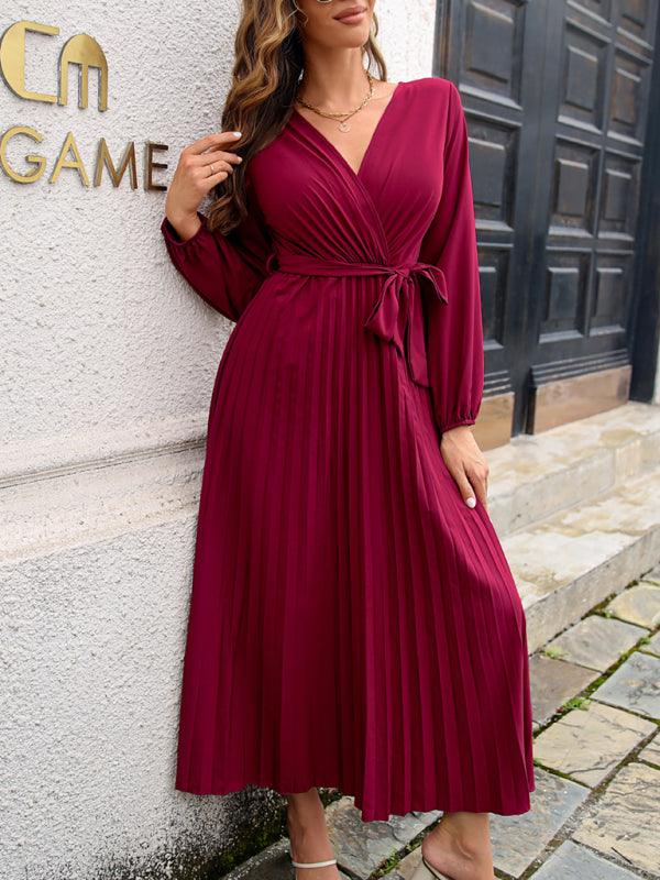 Robe Maxi Décolleté en V et Jupe Plissée pour Femmes