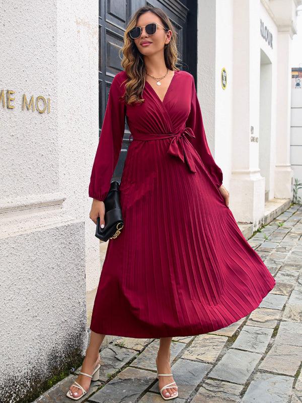 Robe Maxi Décolleté en V et Jupe Plissée pour Femmes