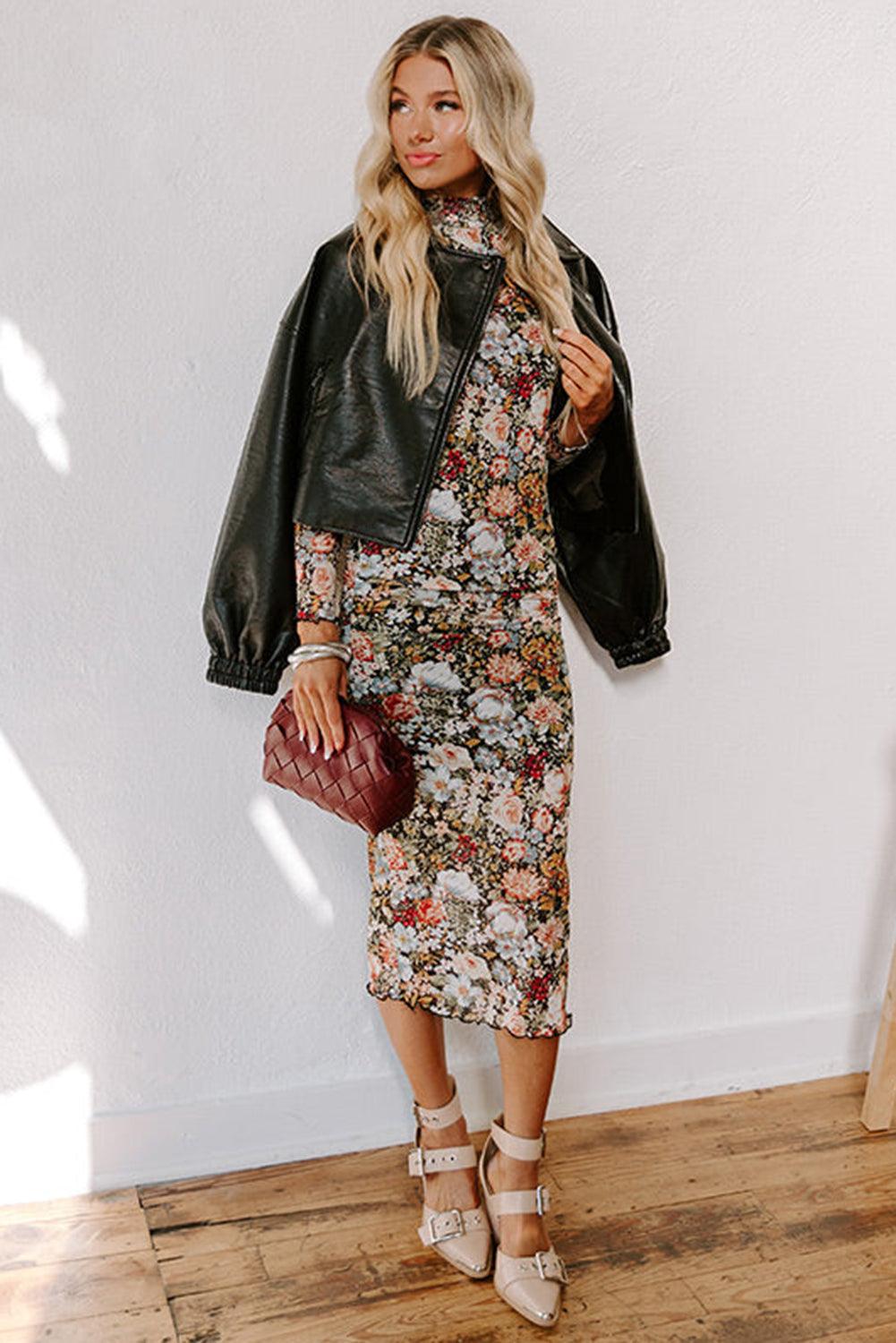 Robe Midi à Imprimé Floral et Col Montant pour Femmes