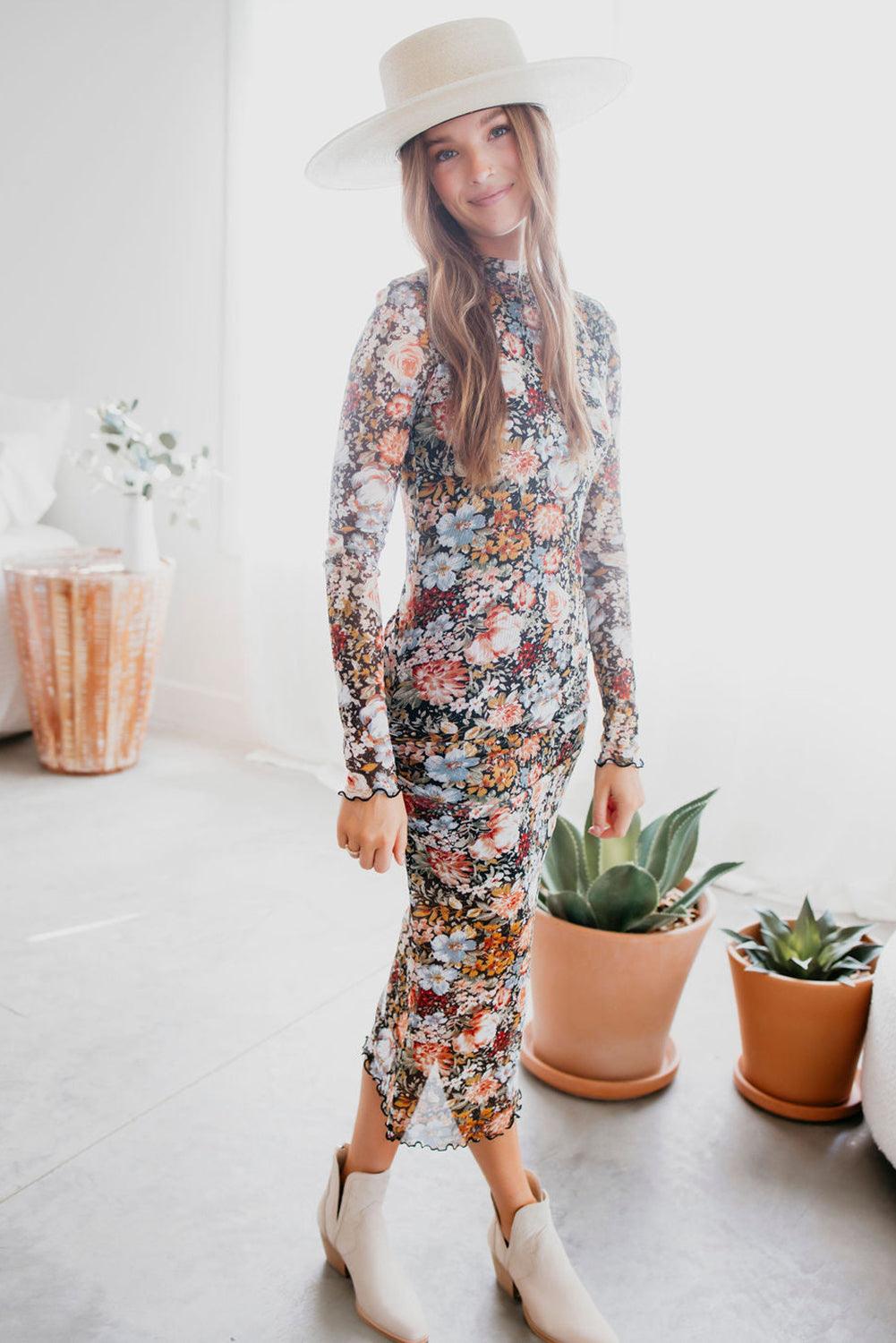 Robe Midi à Imprimé Floral et Col Montant pour Femmes
