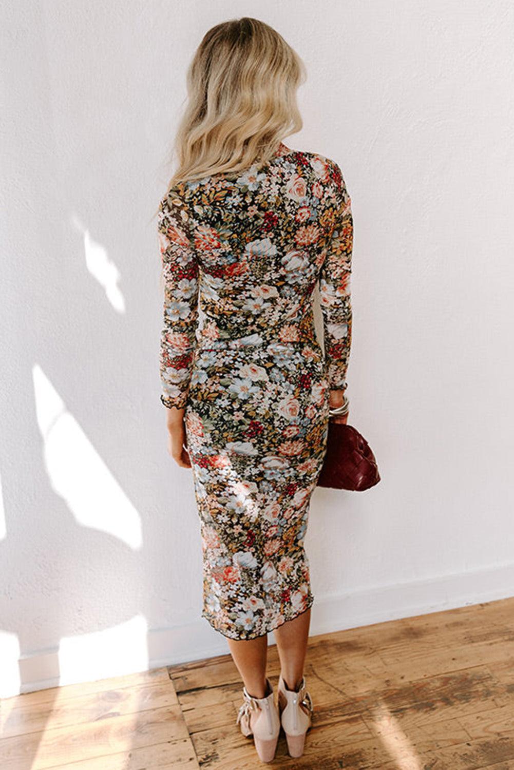 Robe Midi à Imprimé Floral et Col Montant pour Femmes