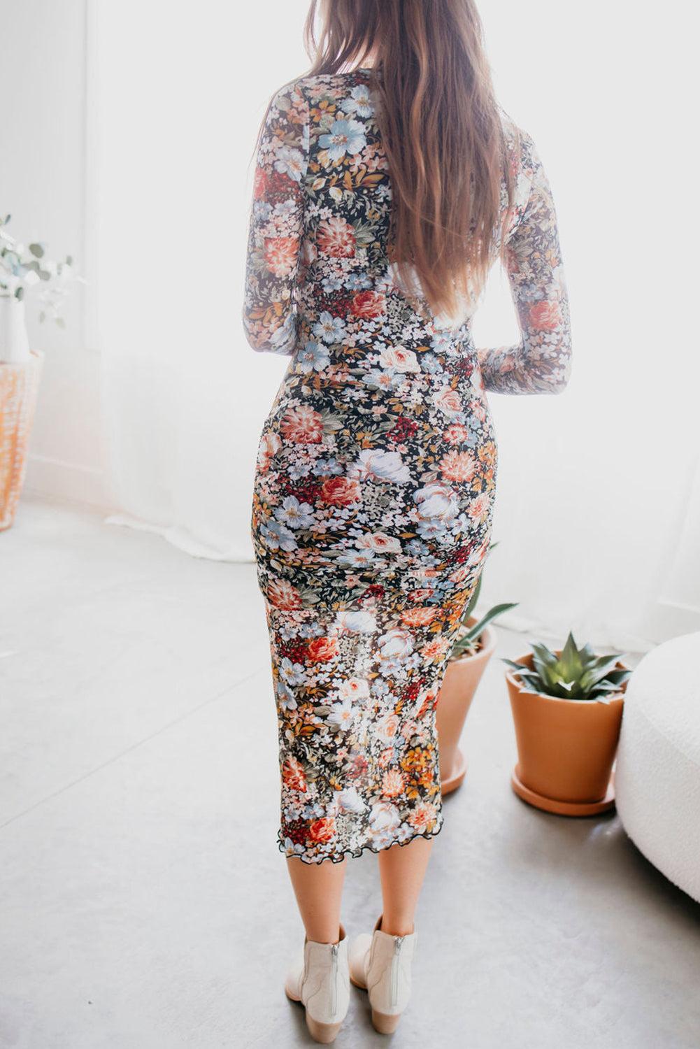 Robe Midi à Imprimé Floral et Col Montant pour Femmes