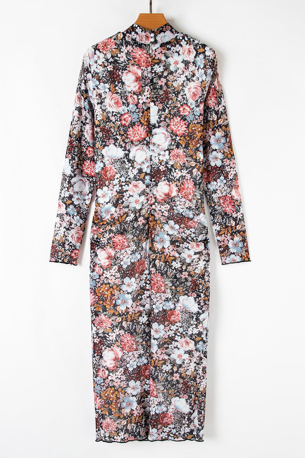 Robe Midi à Imprimé Floral et Col Montant pour Femmes