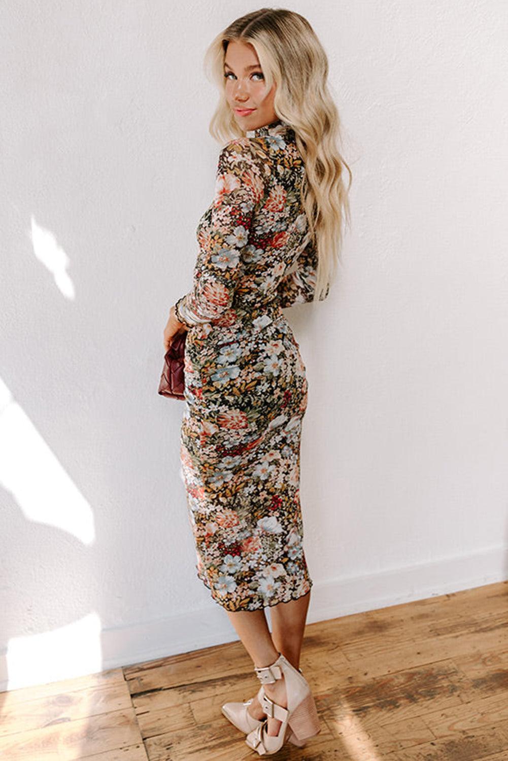 Robe Midi à Imprimé Floral et Col Montant pour Femmes