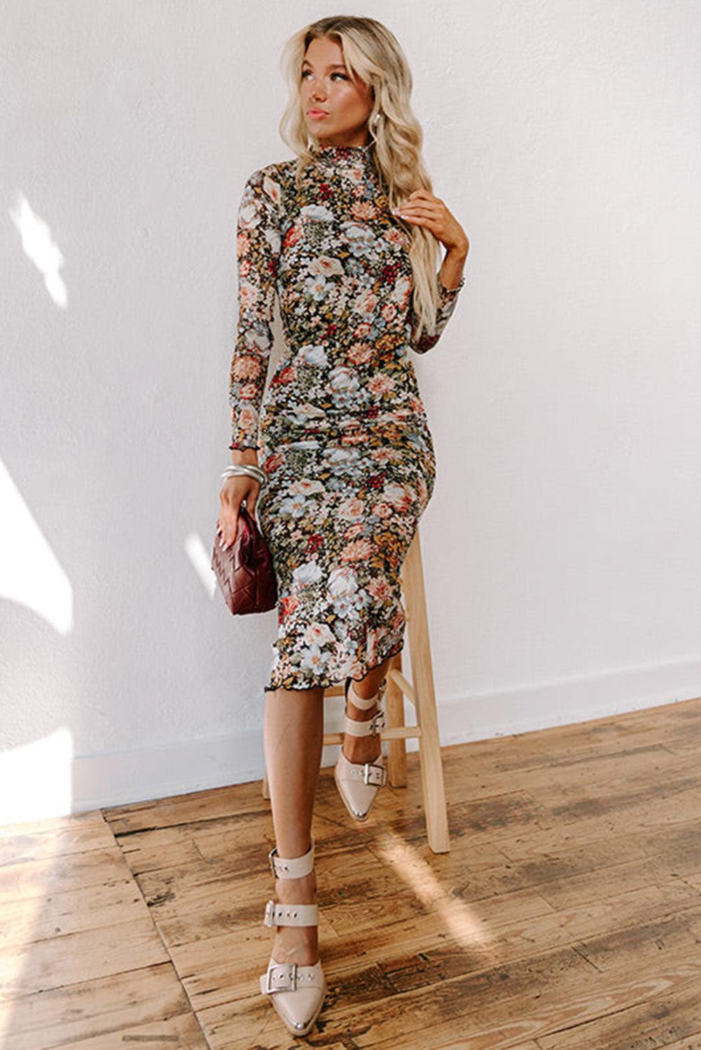 Robe Midi à Imprimé Floral et Col Montant pour Femmes