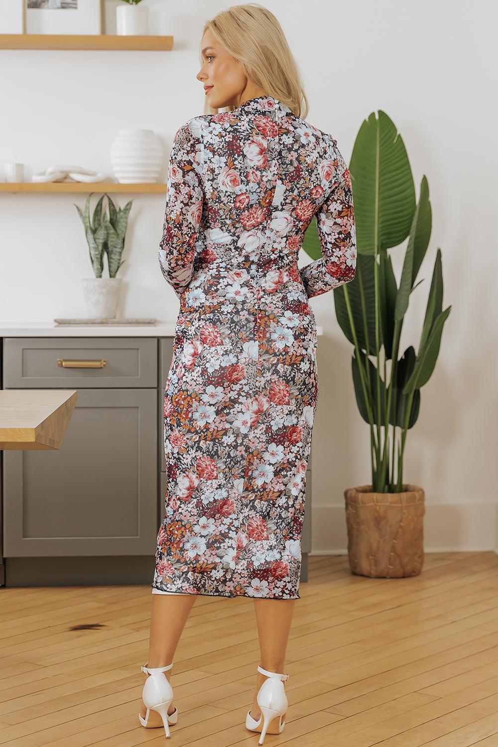 Robe Midi à Imprimé Floral et Col Montant pour Femmes