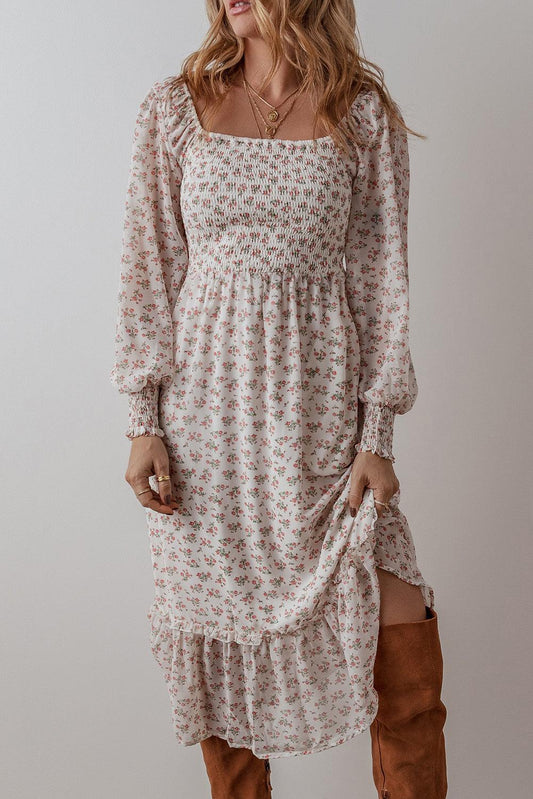 Robe Midi Imprimée Floral avec Volants pour Femmes