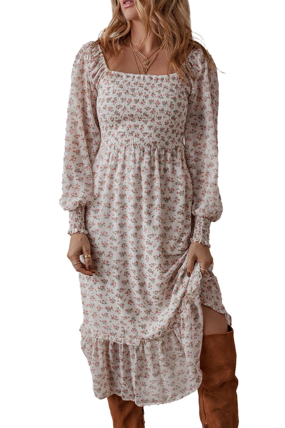 Robe Midi Imprimée Floral avec Volants pour Femmes