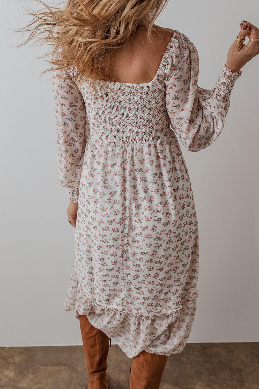 Robe Midi Imprimée Floral avec Volants pour Femmes