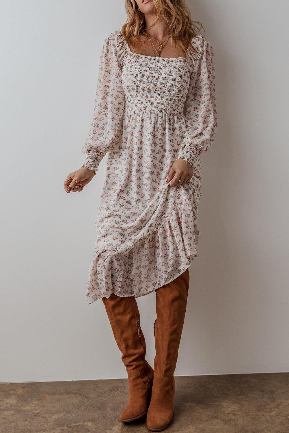 Robe Midi Imprimée Floral avec Volants pour Femmes