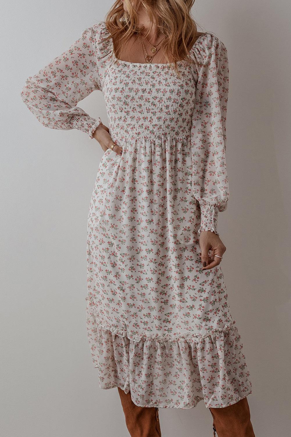 Robe Midi Imprimée Floral avec Volants pour Femmes