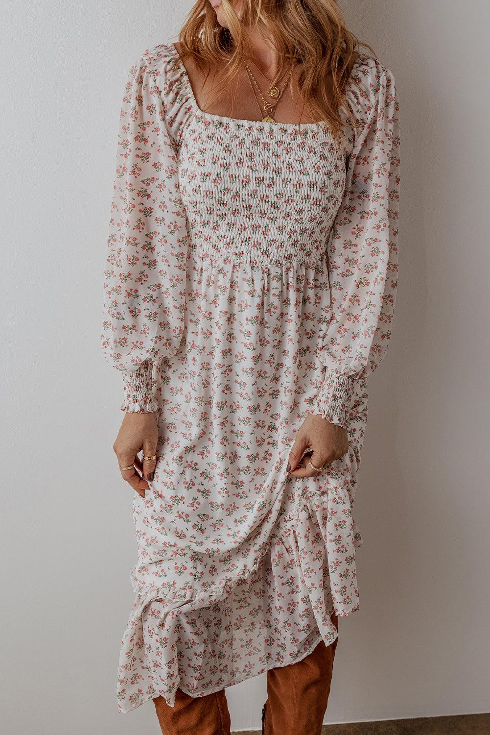Robe Midi Imprimée Floral avec Volants pour Femmes