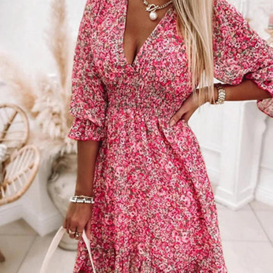 Robe Midi Imprimé Floral Décolleté en V pour Femmes
