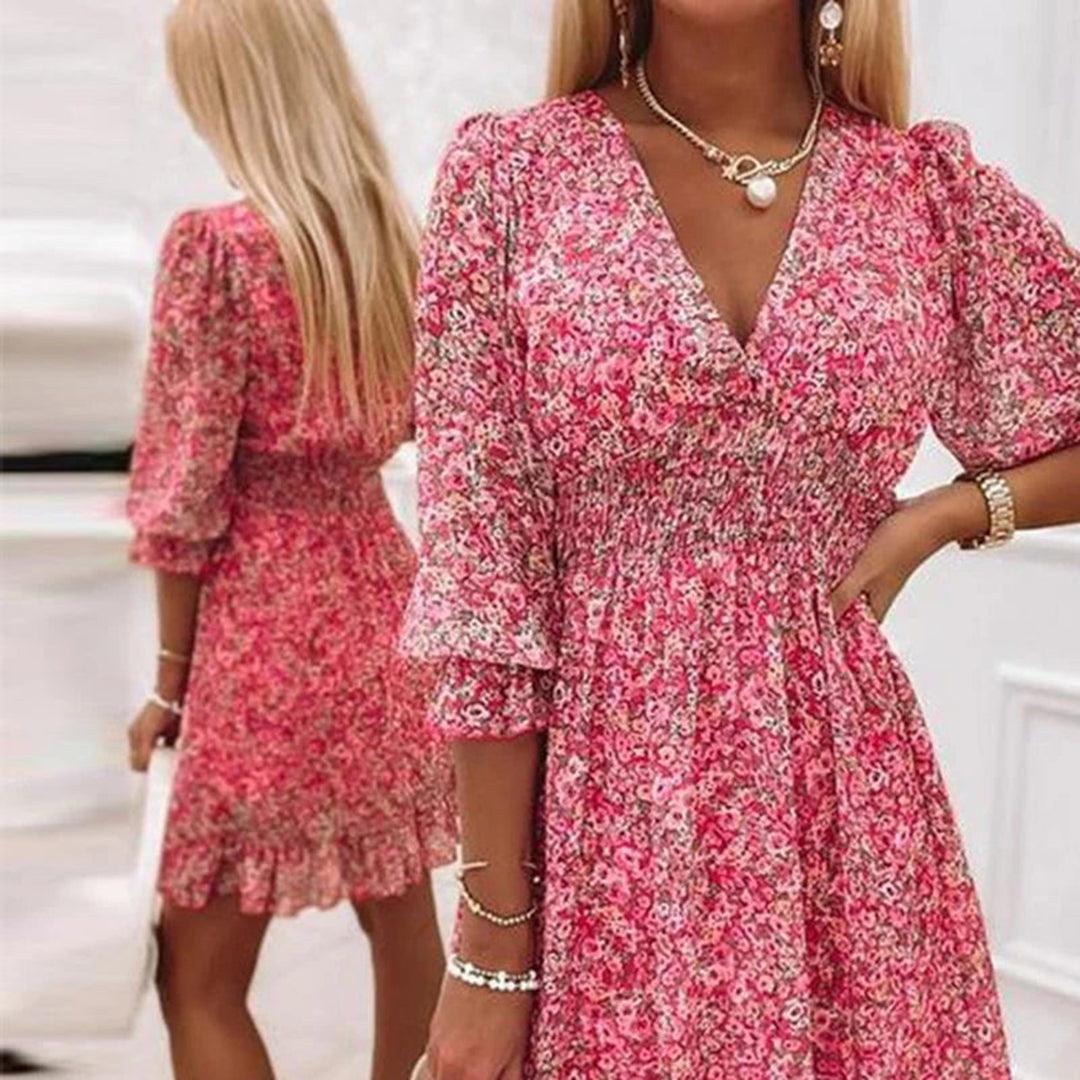 Robe Midi Imprimé Floral Décolleté en V pour Femmes