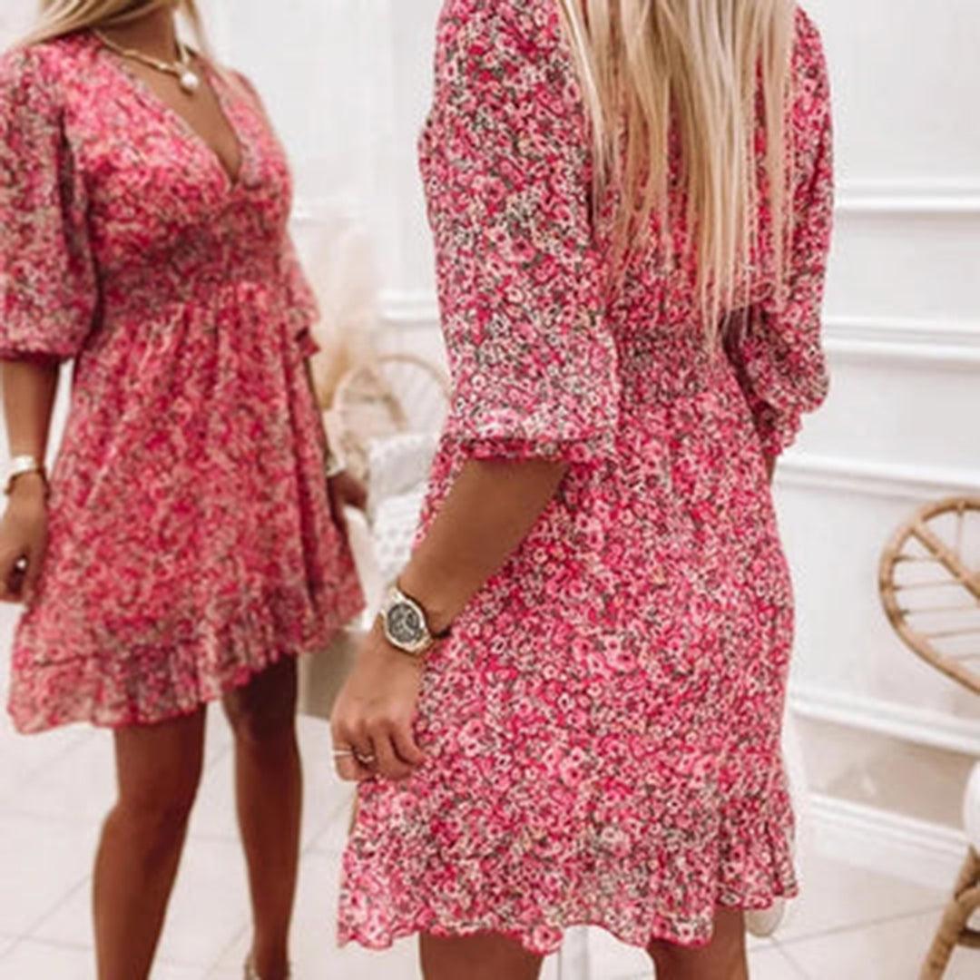 Robe Midi Imprimé Floral Décolleté en V pour Femmes
