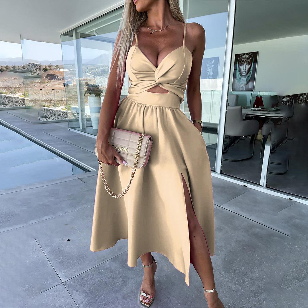 Robe Midi Drapée avec Fente et Poches pour Femmes
