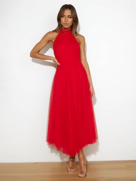 Robe Midi Col Halter et Col en Mesh pour Femmes