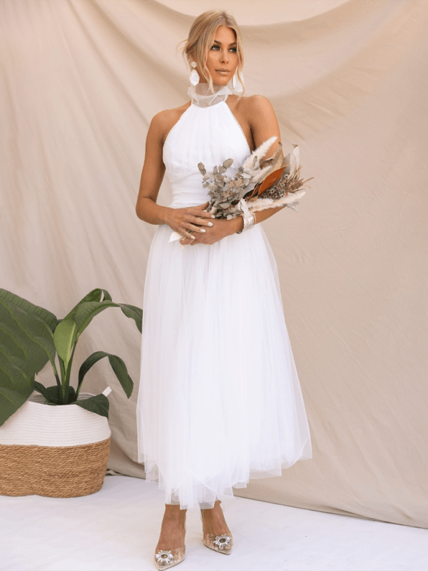 Robe Midi Col Halter et Col en Mesh pour Femmes